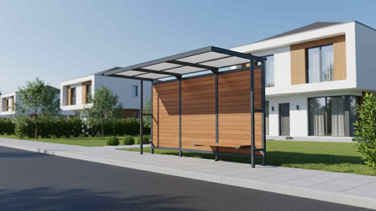 Autobusová zastávka  s plochou střechou zadní stěnou ze dřeva a lavičkou typ TECHNIK